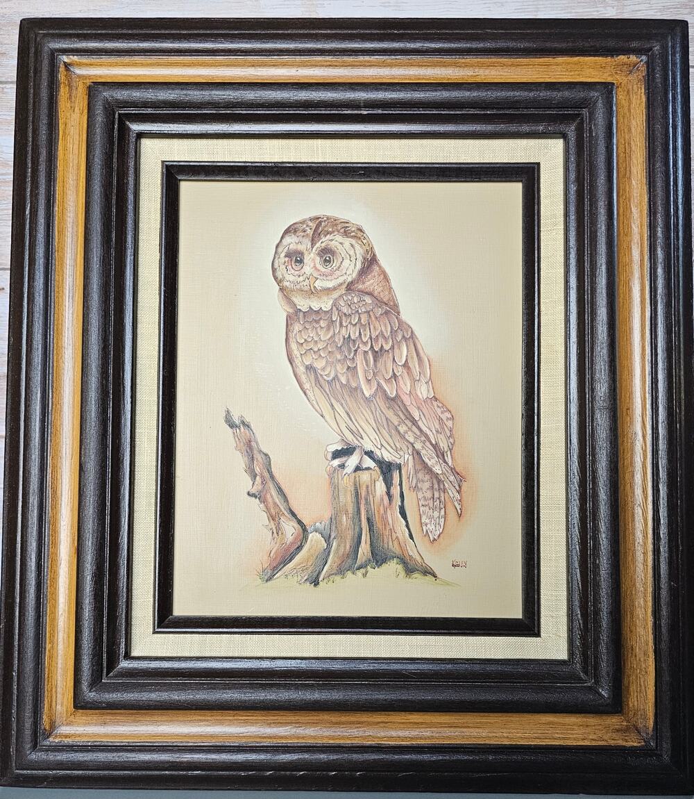 Original 1970s Folk Art Owl Painting in Handmade Wooden Frame - Artist Signed